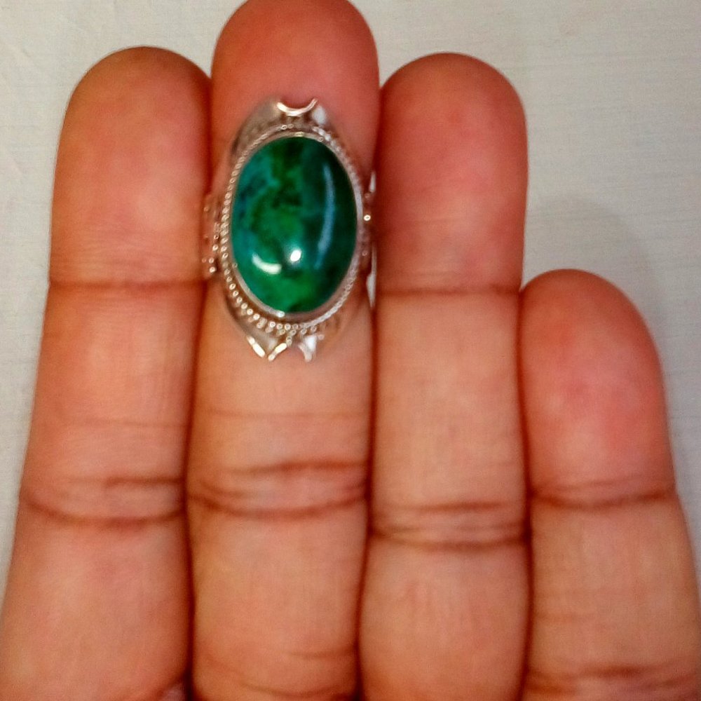 Authentic Chrysocolla Silver Ring: Double Rope.  Intricate Design. Size (5 1/2)